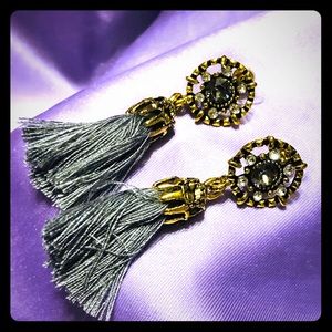 Gray/gold tone button style earring with tassel